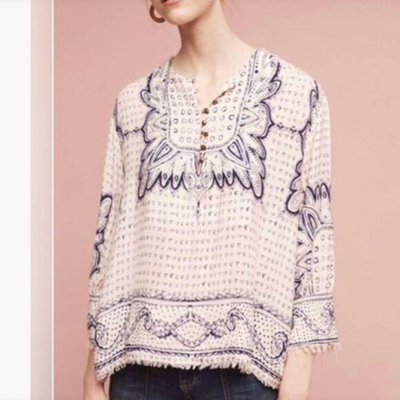 Maeve Anthropologie Small Morgan Top Blue & White Boho Button Down Flowy - Picture 1 of 8